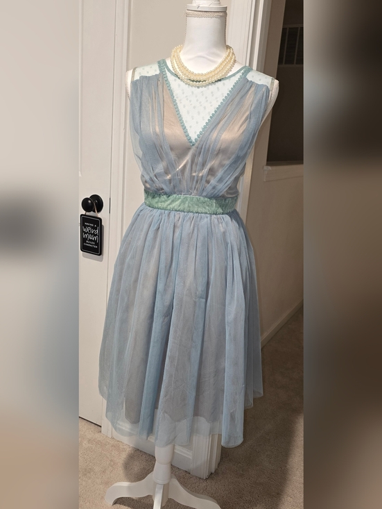 Ryu by Anthropologie Dresses & Skirts - Powder Blue Sheer Tulle Cocktail Dress with Velvet Waistband Tan Underslip Large